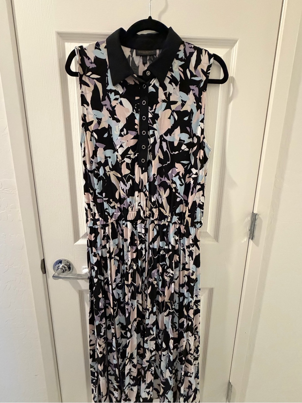 Donna Karan Black Sleeveless Midi Dress with Pastel Floral Motif